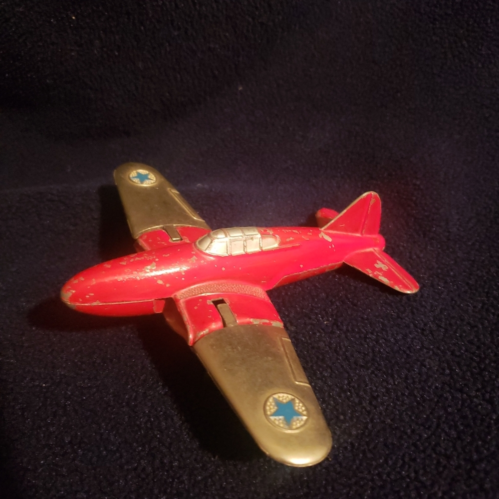Vintage Hubley Kiddie Toy Red Military Airplane Model 430 Folding Wings & Wheels